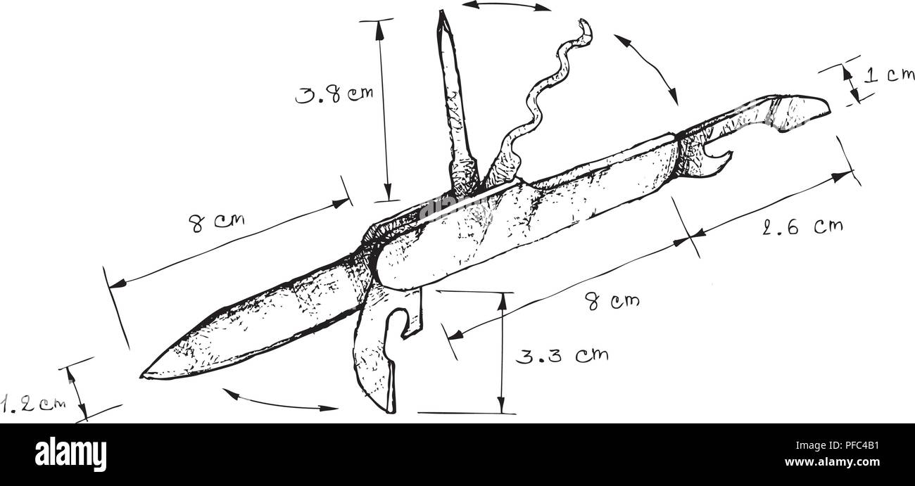 Illustration Hand Drawn Sketch Dimension of Swiss Army Knife