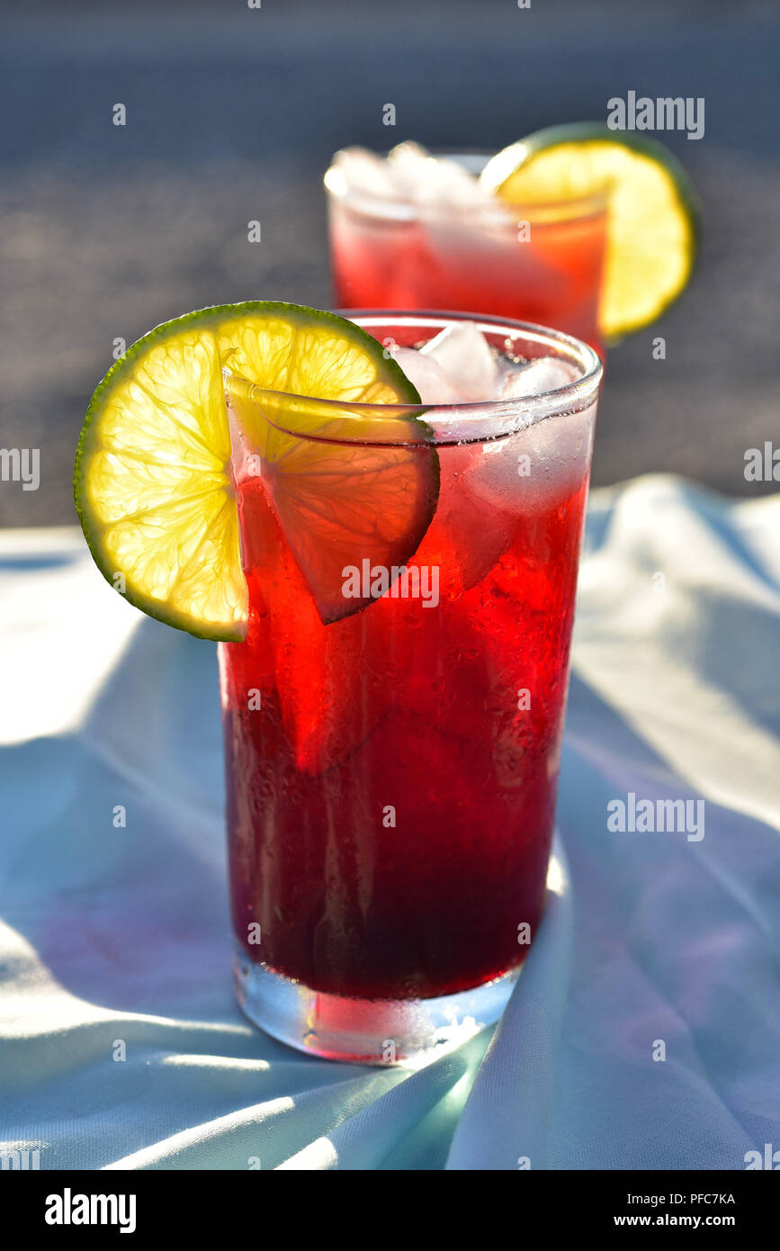 red colorful hibiscus flower iced tea cold drink in glasses and pitcher