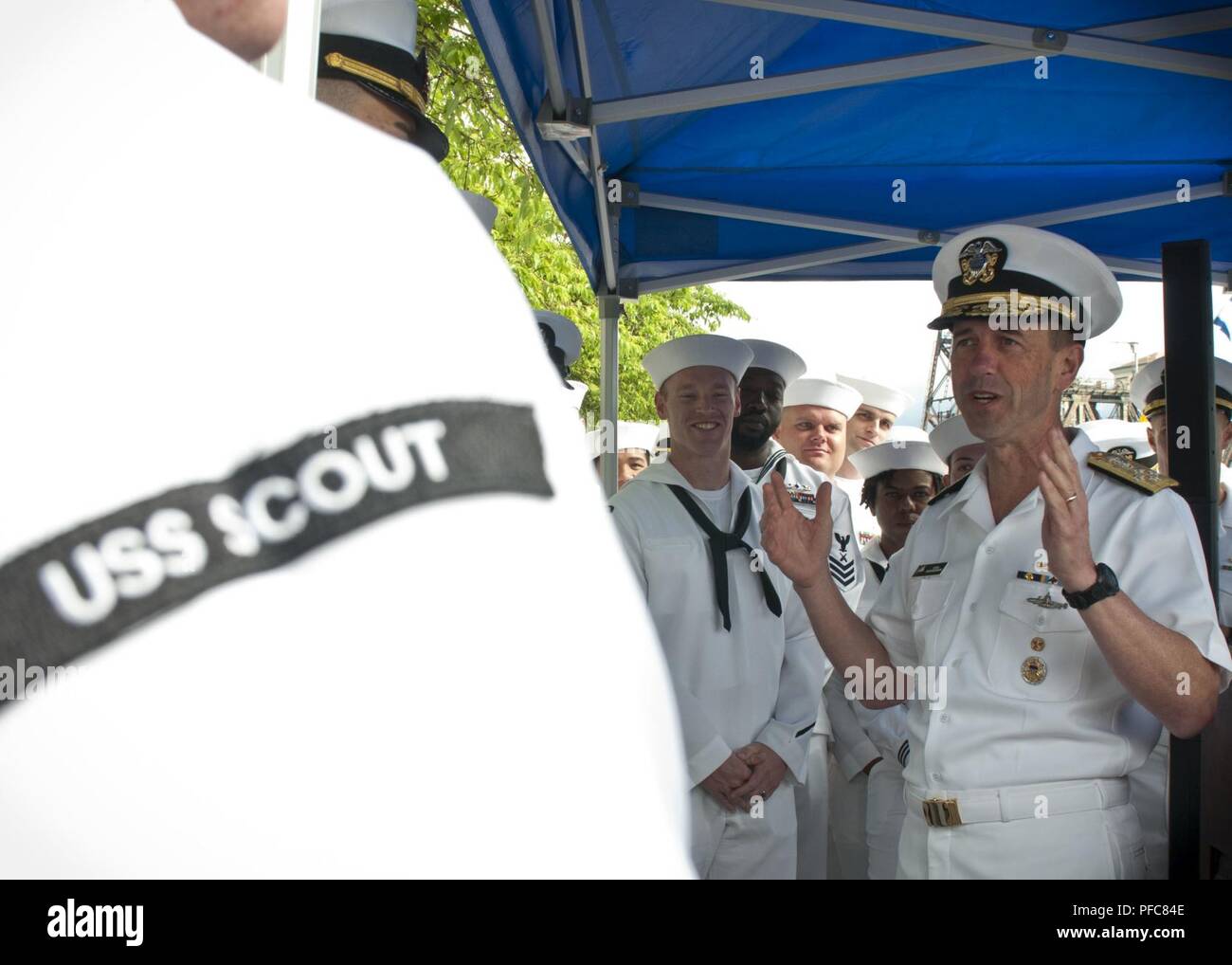 PORTLAND, Ore. (June 9, 2018) Chief of Naval Operations (CNO) Adm. John M. Richardson conducts an all-hands call alongside the Arleigh Burke-Class guided-missile destroyer, USS Michael Murphy (DDG 112).  USS Michael Murphy is currently in Portland, Ore. for the annual Rose Festival and Navy Fleet Week. The festival and Portland Fleet Week are a celebration of the sea services with Sailors, Marines, and Coast Guard Members from the U.S. and Canada making the city a port of call.  (U. S. Navy Stock Photo