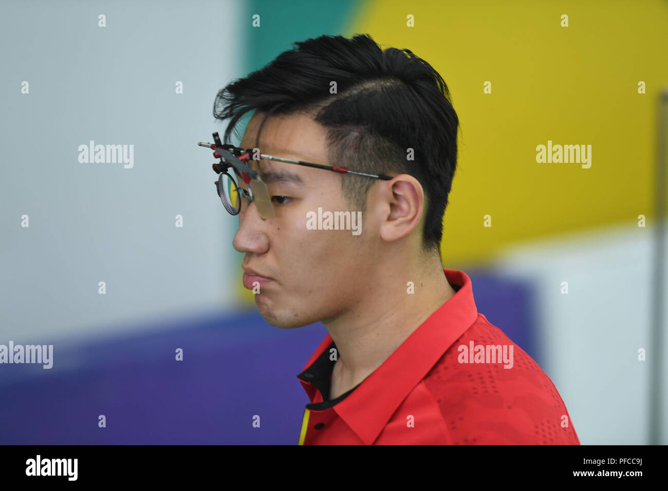Palembang. 21st Aug, 2018. Wu Jiayu of China reacts after the men's 10m Air Pistol final at the 18th Asian Games in Palembang, Indonesia on Aug. 21, 2018. Wu Jiayu got the 4th place. Credit: Liu Ailun/Xinhua/Alamy Live News Stock Photo