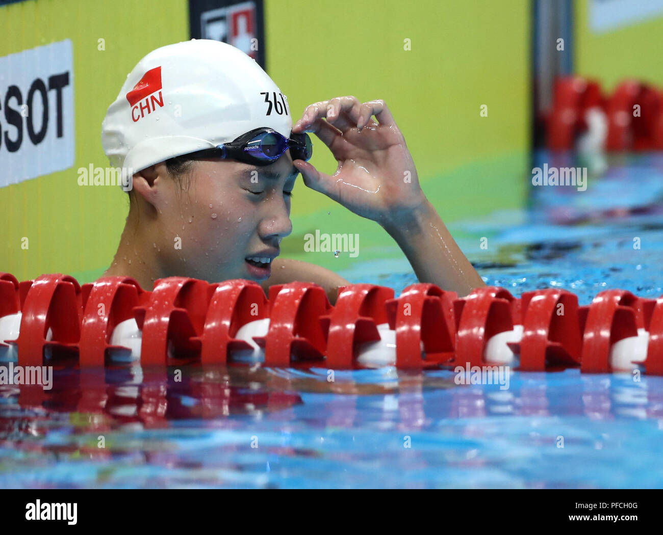 Jakarta, Indonesia. 21st Aug, 2018. Zhang Yufei of China reacts after