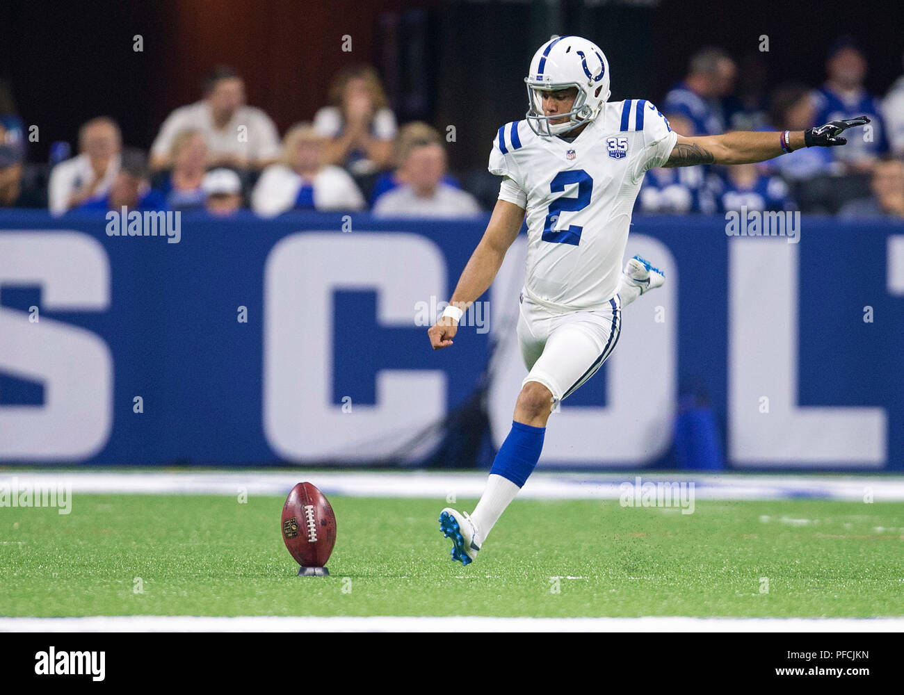 August 20, 2018: Indianapolis Colts punter Rigoberto Sanchez (2) with the  kickoff during NFL football preseason game action between the Baltimore  Ravens and the Indianapolis Colts at Lucas Oil Stadium in Indianapolis,