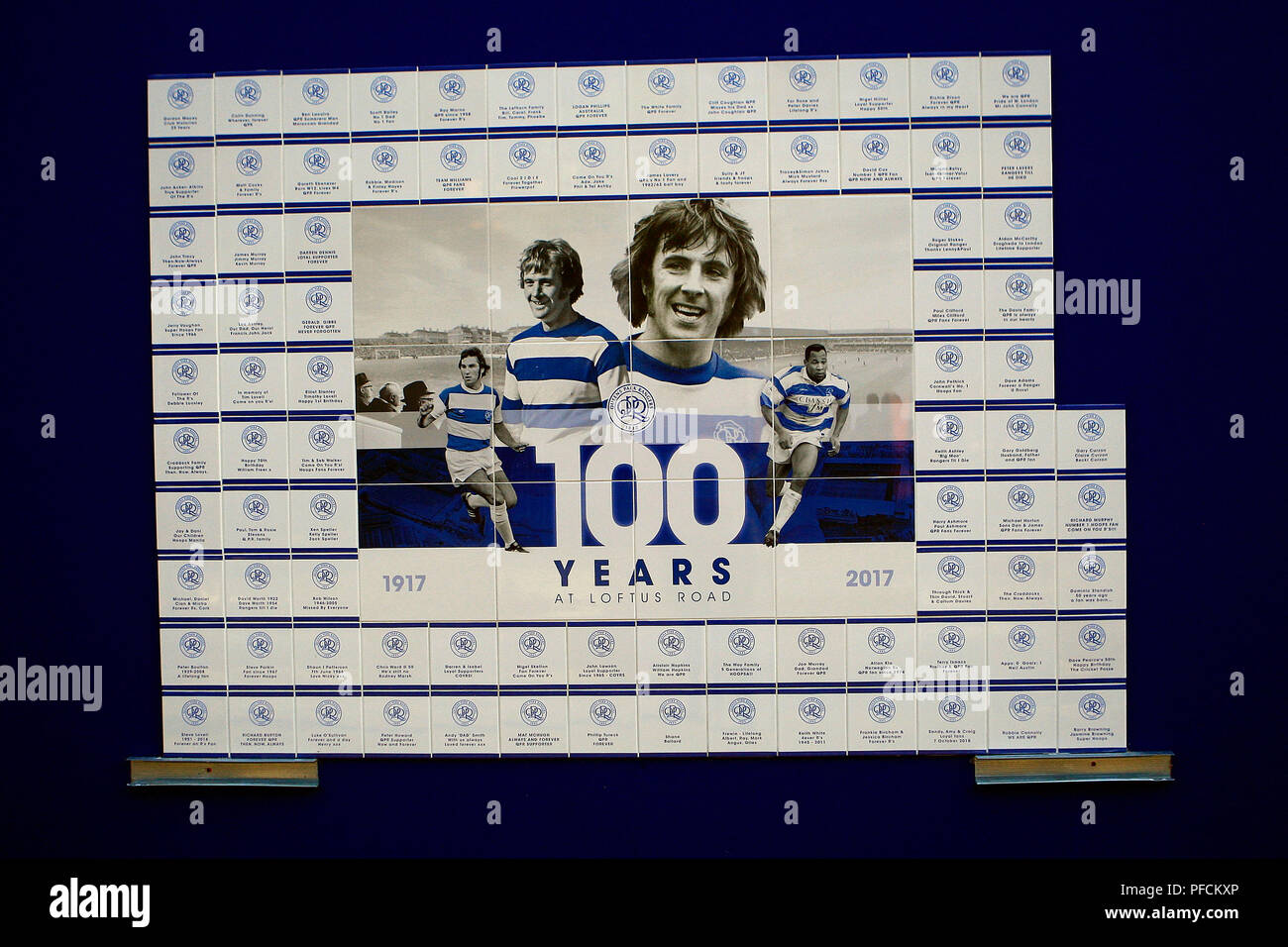 London, UK. 21st August, 2018. A tribute to QPR celebrating 100 years at Loftus Road stadium. EFL Skybet championship match, Queens Park Rangers v Bristol city at Loftus Road stadium in London on Tuesday 21st August 2018.  this image may only be used for Editorial purposes. Editorial use only, license required for commercial use. No use in betting, games or a single club/league/player publications. pic by Steffan Bowen/Andrew Orchard sports photography/Alamy Live news Stock Photo