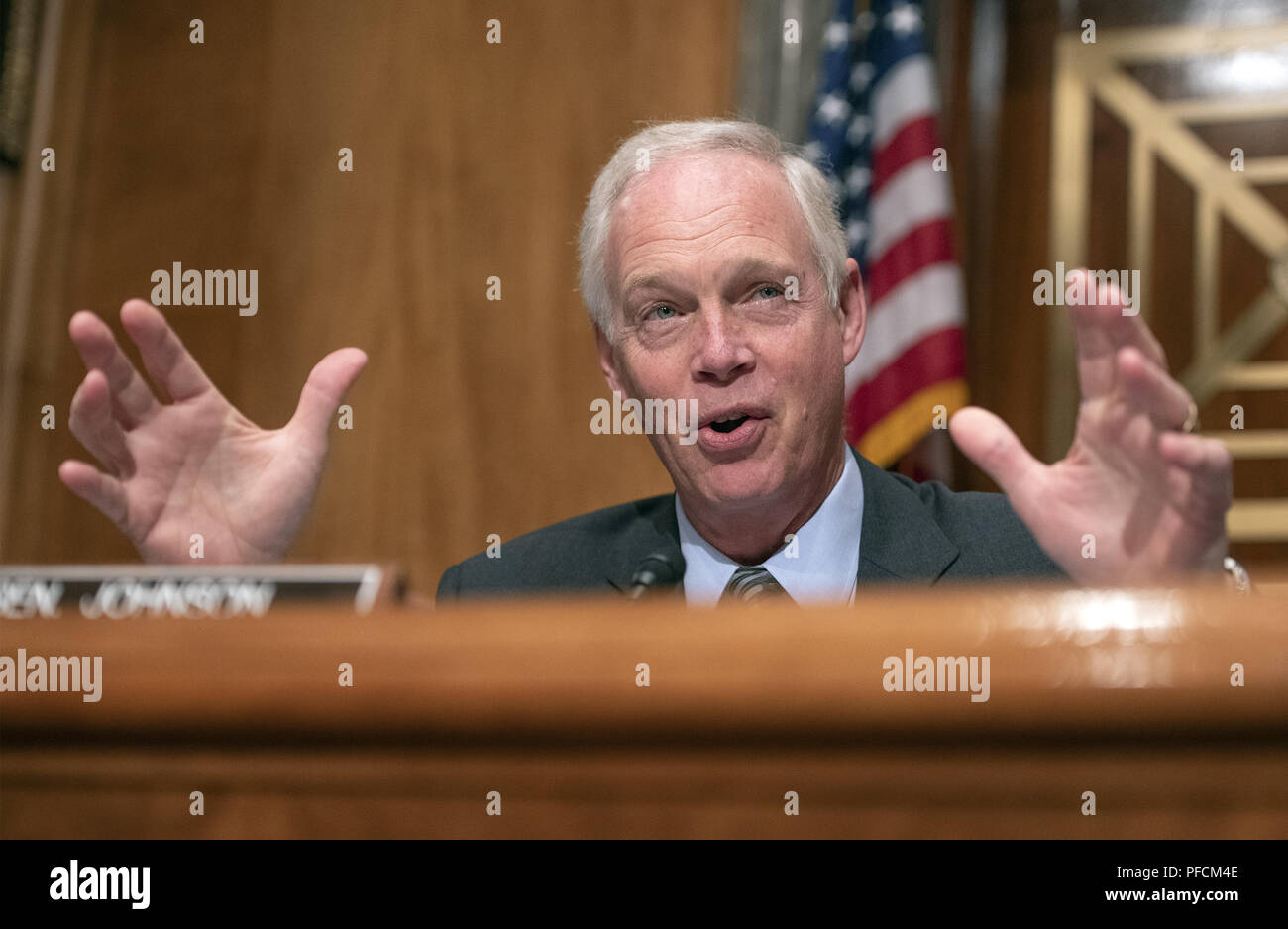 Washington, District of Columbia, USA. 21st Aug, 2018. United States Senator Ron Johnson, Chairman, US Senate Committee on Homeland Security & Governmental Affairs, makes an opening statement prior to hearing testimony on ''Examining CMS's Efforts to Fight Medicaid Fraud and Overpayments'' on Capitol Hill in Washington, DC on Tuesday, August 21, 2018 Credit: Ron Sachs/CNP/ZUMA Wire/Alamy Live News Stock Photo