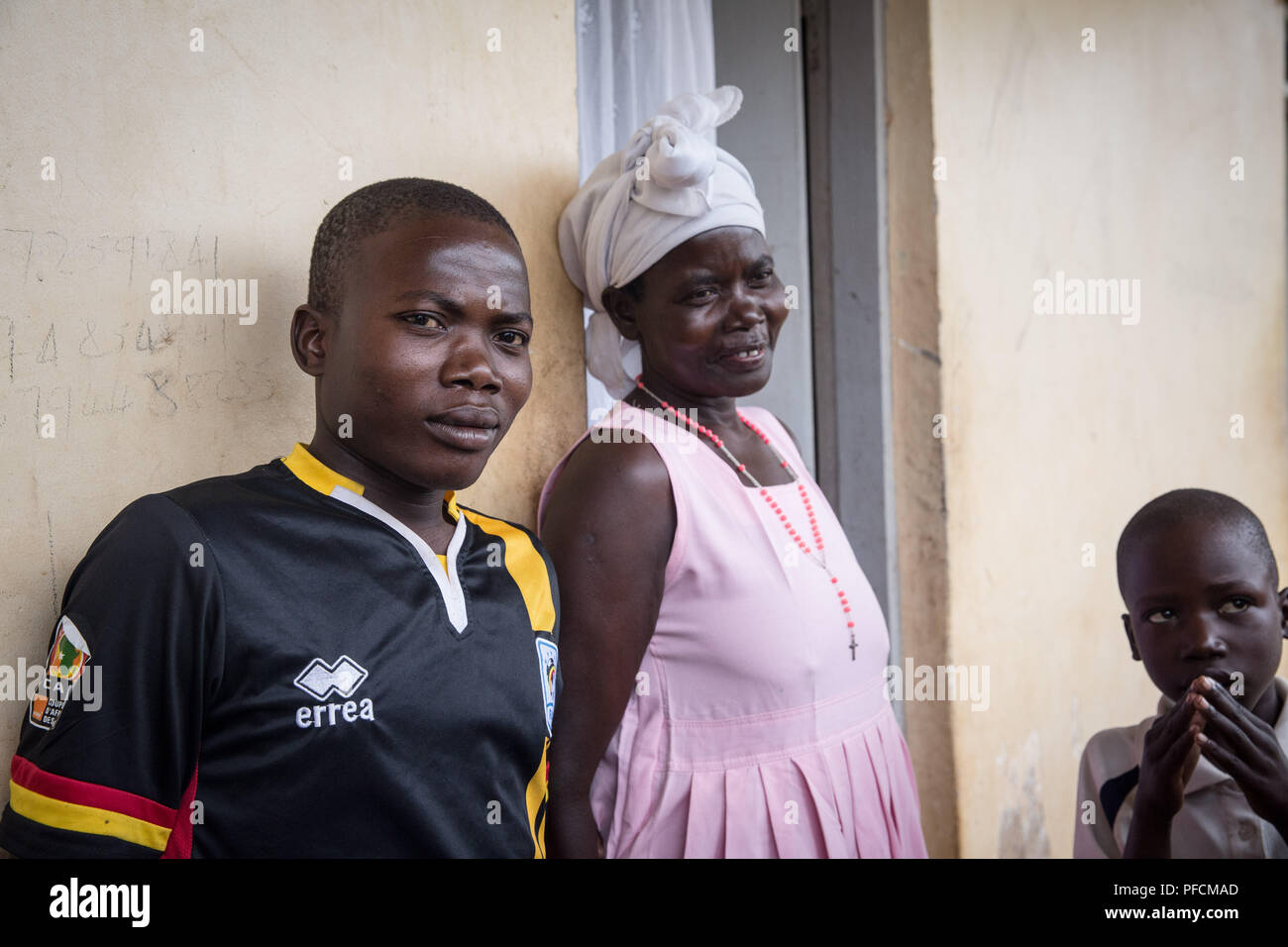 Gulu, Gulu, Uganda. 16th July, 2018. Stephen Okot, 32, seen with his family.The reunion between three escapees and their families, who hadn't seen them in sixteen years. These were abducted when kids by the Lord's Resistance Army, a rebel group that terrorized northern Uganda. Credit: Sally Hayden/SOPA Images/ZUMA Wire/Alamy Live News Stock Photo