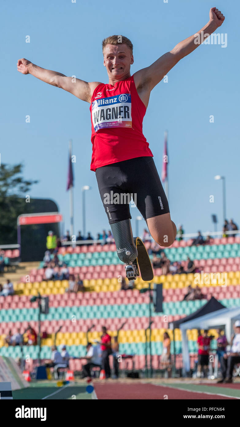 Berlin, Germany. 21st Aug, 2018. Disabled Sports, European Championships for Athletes in the Jahn-Sportpark, Long Jump, Men, T63: Daniel Wagner of Switzerland wins the Long Jump Final. Credit: Jens Büttner/dpa-Zentralbild/dpa/Alamy Live News Stock Photo