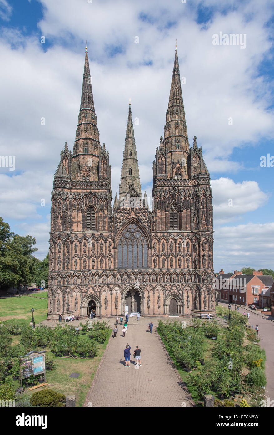 Lichfield Cathedral Staffordshire England with 1918 trees forming a Peace Woodland as part of a Great Exhibition, Imagine Peace, to celebrate the centenary of 1918 created by artist in residence Peter Walker from 17th August 2018 to 27th August 2018.  After the Exhibition the trees will be planted in Beacon Park Lichfield. Stock Photo