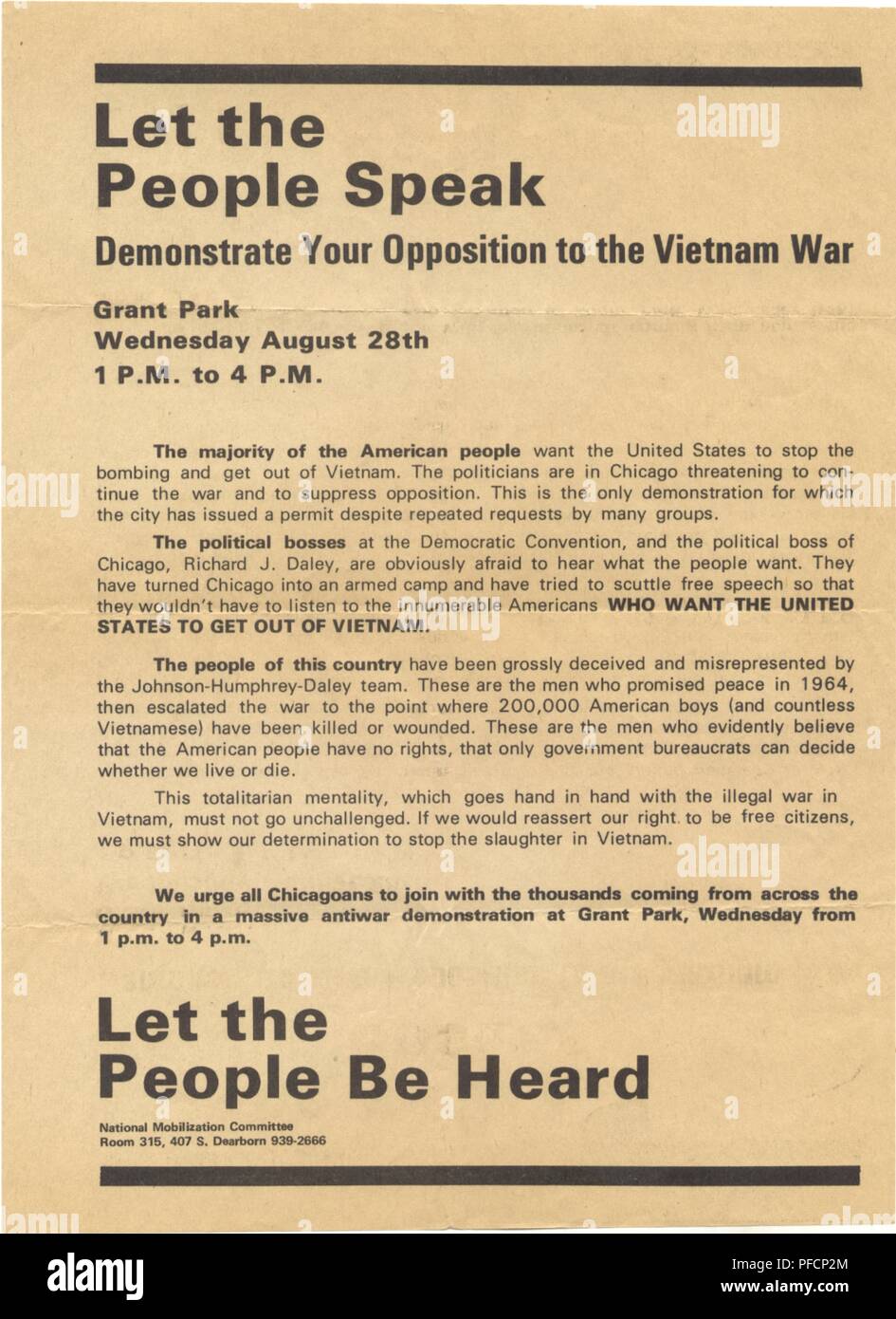 A flyer inviting protesters to the infamous demonstration at the 1968 Democratic National Convention in Chicago, Illinois, which led to violence between protesters and police, 1968. () Stock Photo