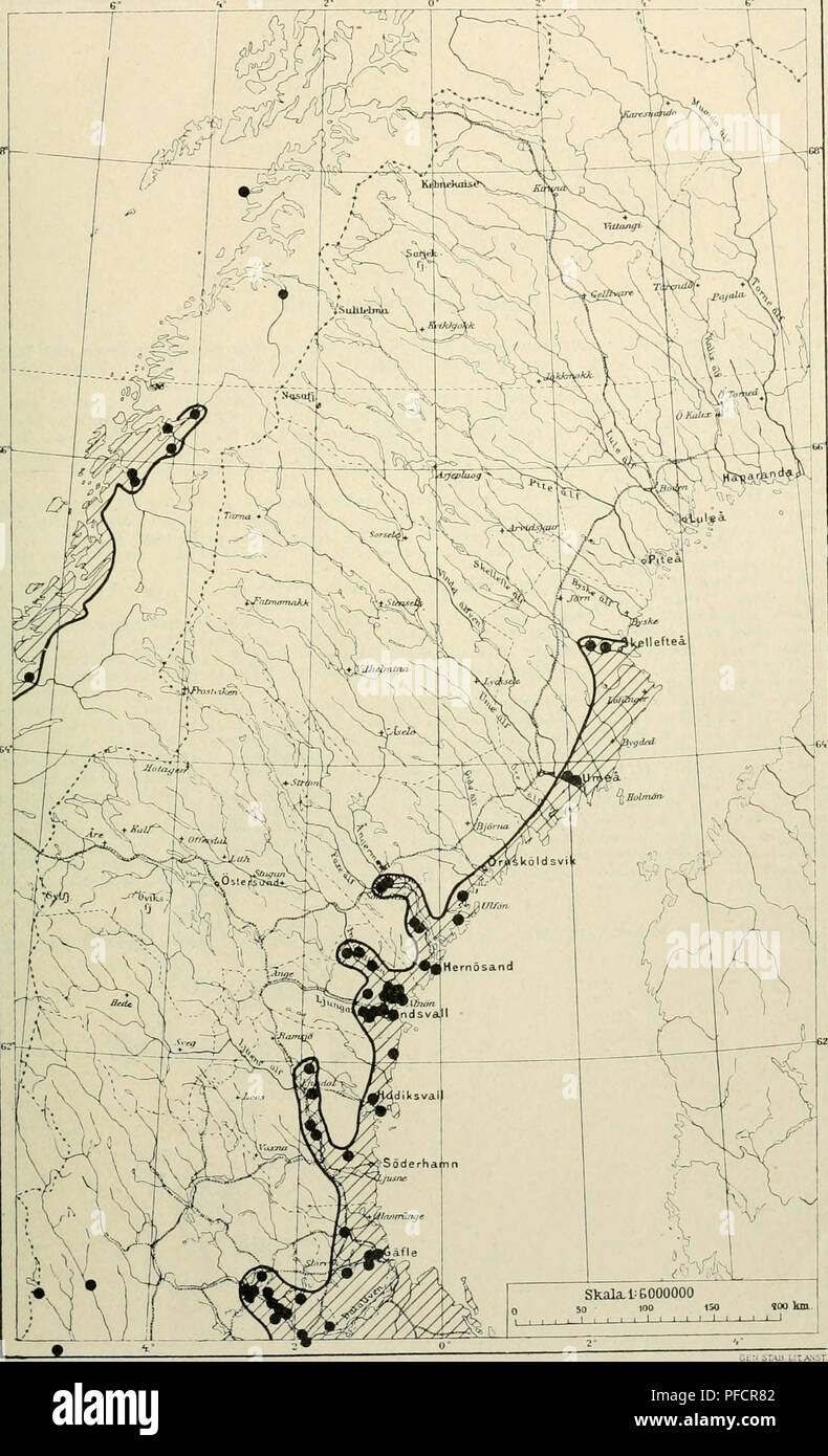 . Den norrländska florans : geografiska fördelning och invandringshistoria ; med särskild hänsyn till dess sydskandinaviskar arter. Plants; Plants. KARTOR OCH STà NDORTER 369 Kartan 24. Impatiens noli tangere.. Jfr texten s. 160. 24. Please note that these images are extracted from scanned page images that may have been digitally enhanced for readability - coloration and appearance of these illustrations may not perfectly resemble the original work.. Andersson, Gunnar, 1865-1928; Birger, Selim, 1879-1931. Uppsala : Almqvist & Wiksell Stock Photo