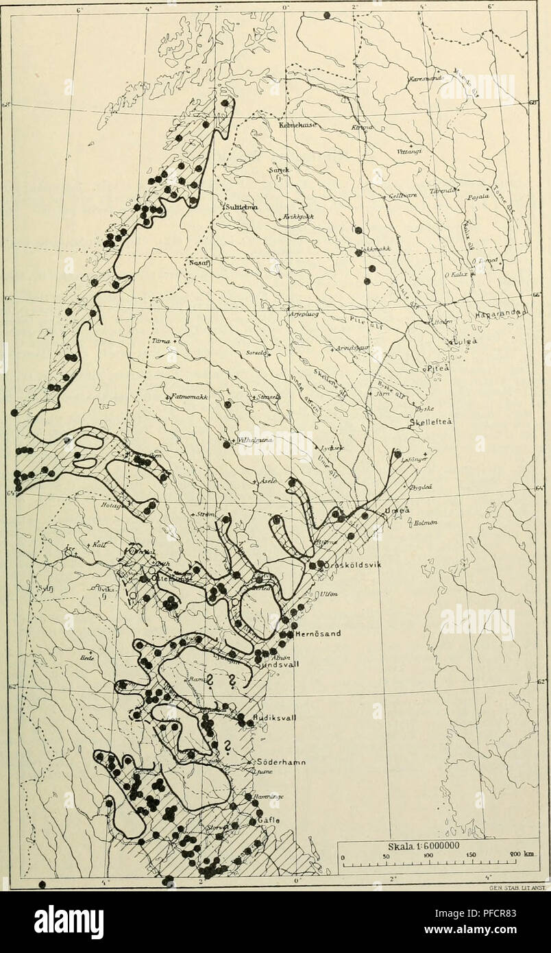 . Den norrländska florans : geografiska fördelning och invandringshistoria ; med särskild hänsyn till dess sydskandinaviskar arter. Plants; Plants. KARTOR OCH STà NDORTER 373 Kartan 26. Pteris aquilina.. I Medelpad är arten enligt Collinder (68) allmän.. Please note that these images are extracted from scanned page images that may have been digitally enhanced for readability - coloration and appearance of these illustrations may not perfectly resemble the original work.. Andersson, Gunnar, 1865-1928; Birger, Selim, 1879-1931. Uppsala : Almqvist & Wiksell Stock Photo