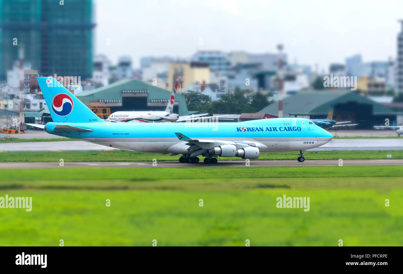 Passenger aircraft Boeing 737 of Korean Air prepare taking off from Tan