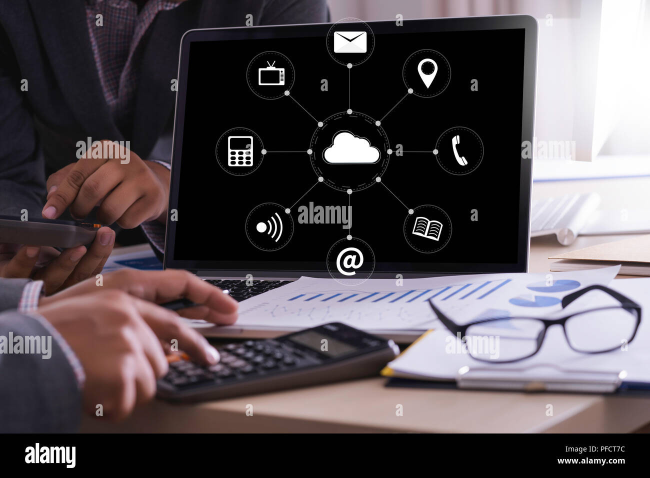 Cloud Service (Cloud Computing diagram on the new computer interface) Stock Photo