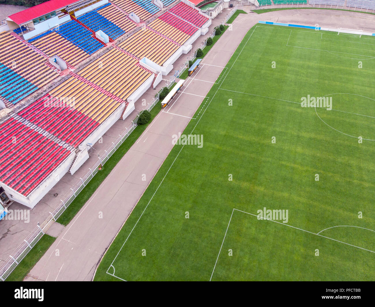 aerial view of city sports stadium with empty seats. soccer field. drone photo Stock Photo