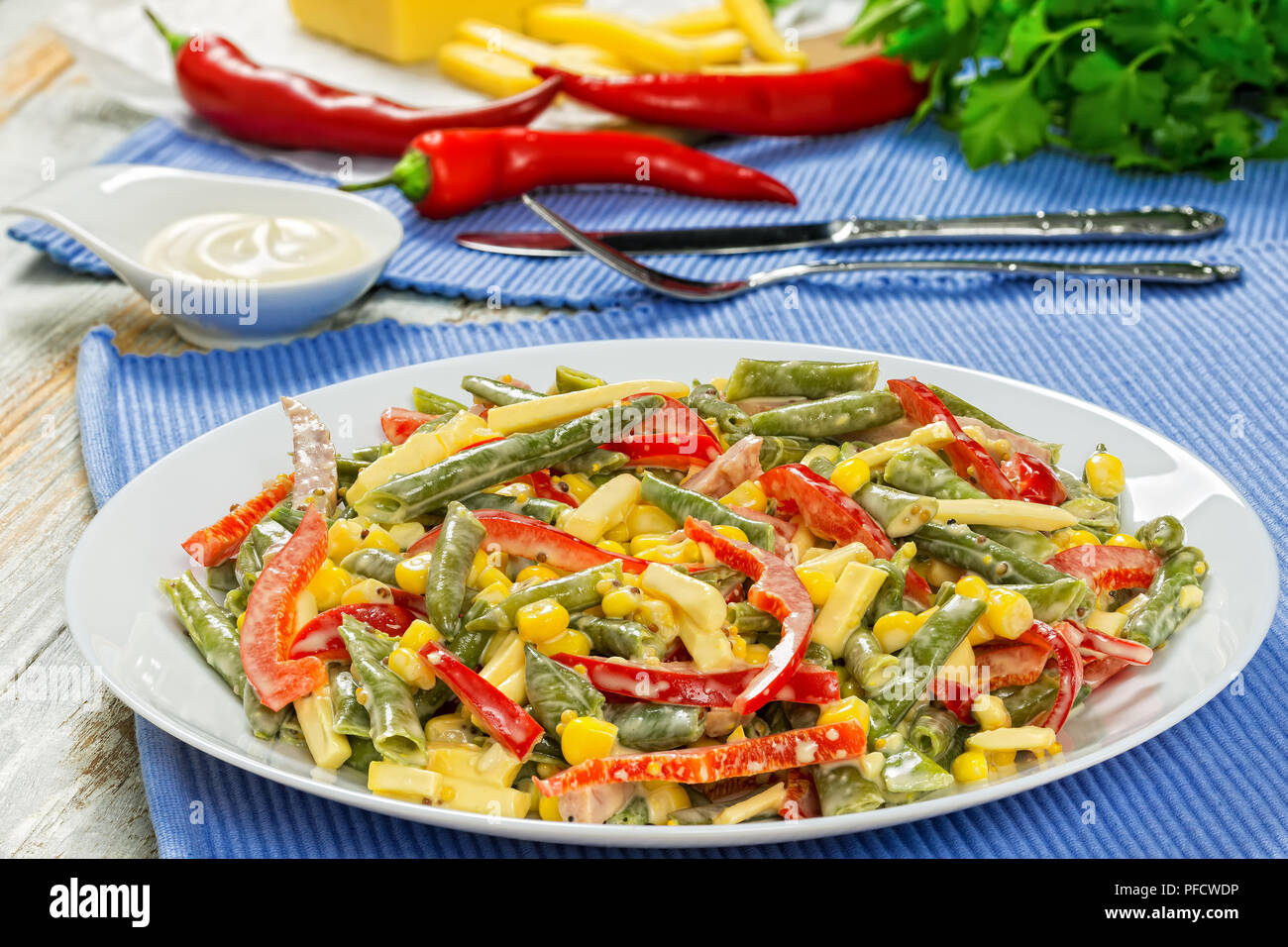 Sauteed Green Beans, sweet corn kernels, red bell pepper, ham and