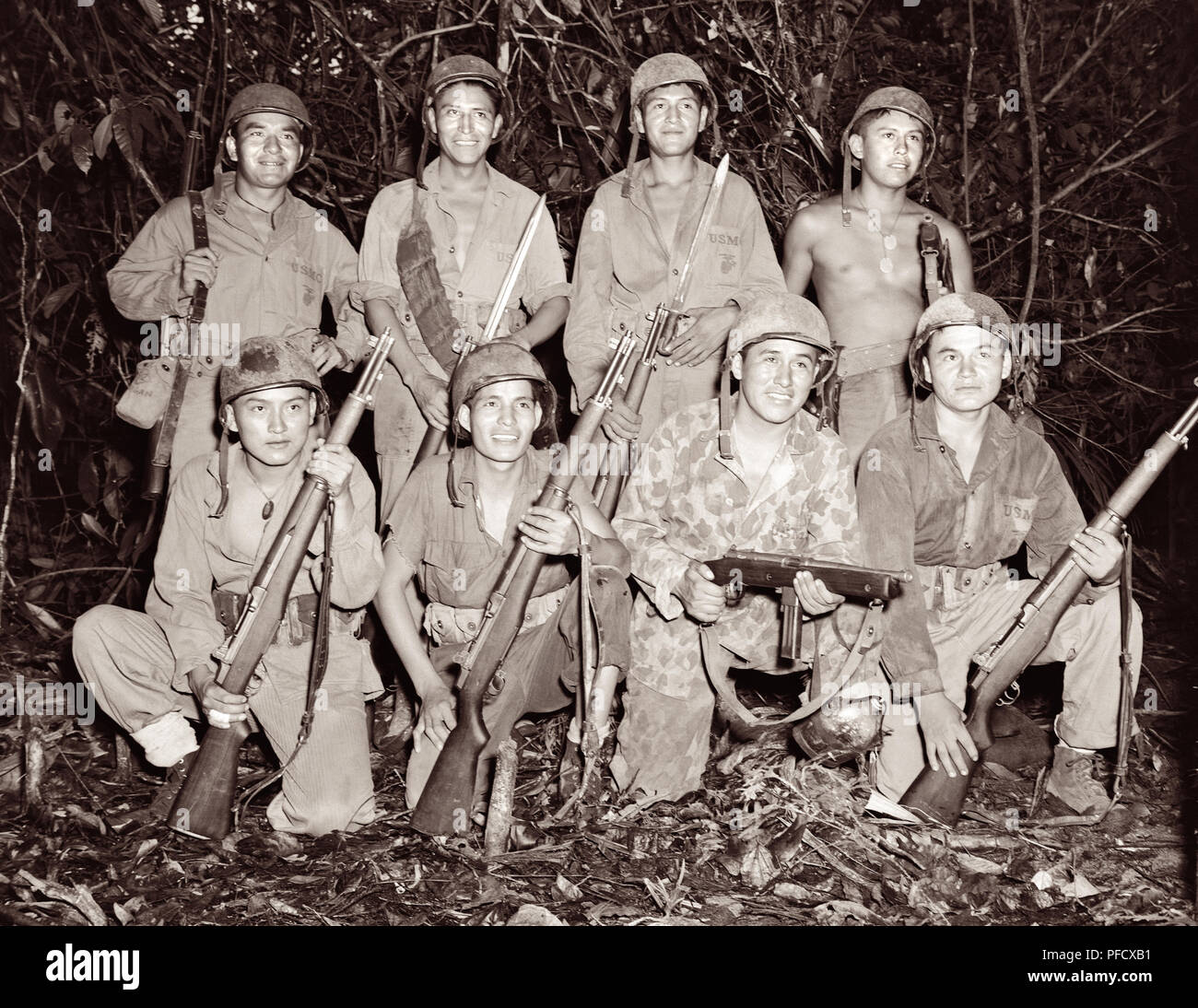 Navajo Code Talkers on Bougainville in the South Pacific during World War II in 1943. Stock Photo