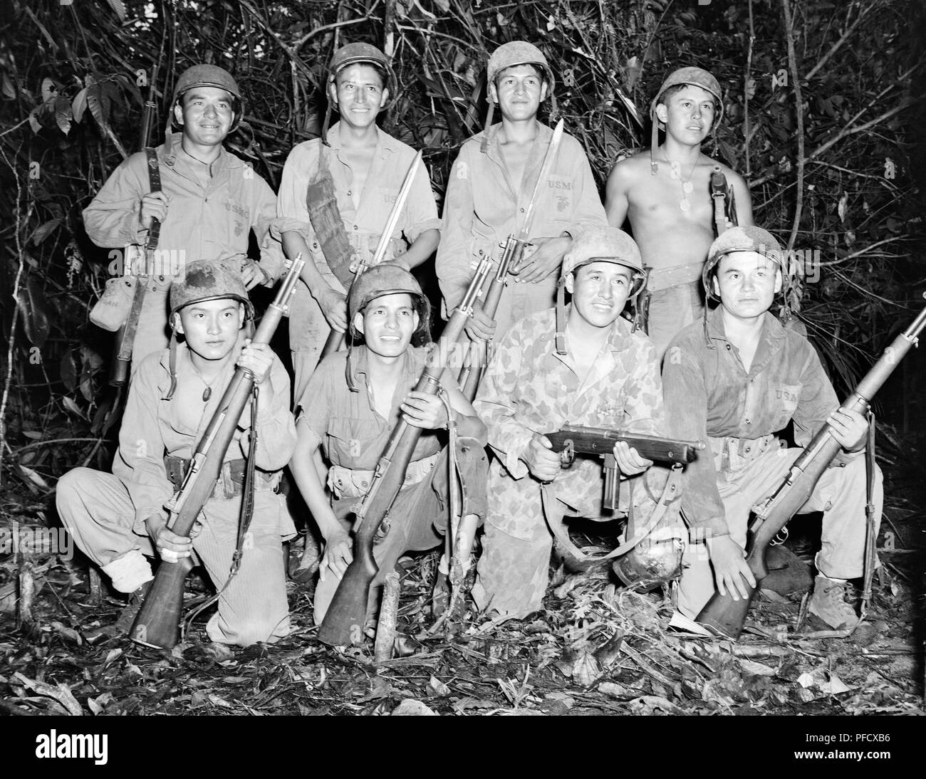 Navajo Code Talkers on Bougainville in the South Pacific during World War II in 1943. Stock Photo