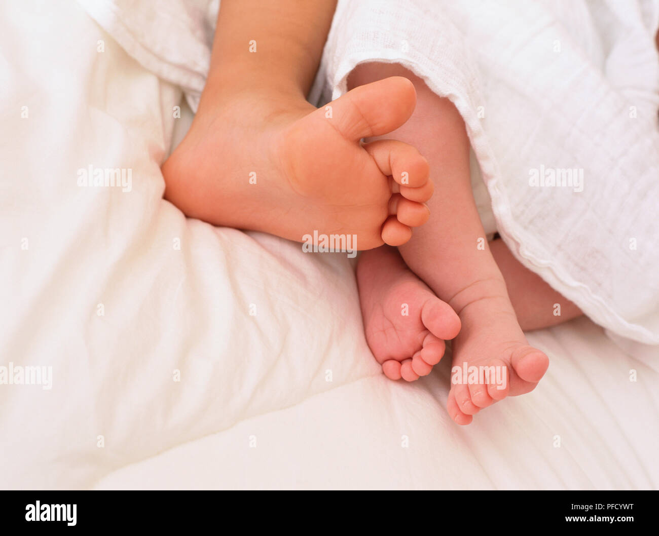 Baby feet poking out from under the covers. Stock Photo