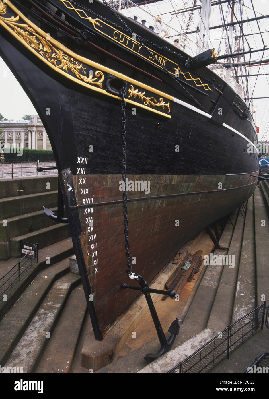 Great Britain, England, London, the Cutty Sark, bow of ship on dry dock. Stock Photo