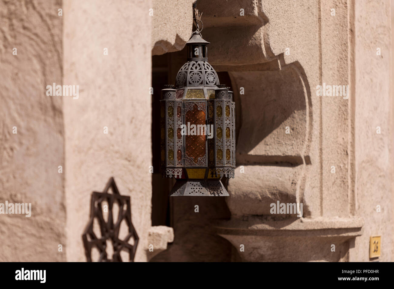 Lantern at the entrance to the Sheikh Mohammed Centre for Cultural Understanding, in the Al Fahidi Historical Neighbourhood, Dubai Stock Photo
