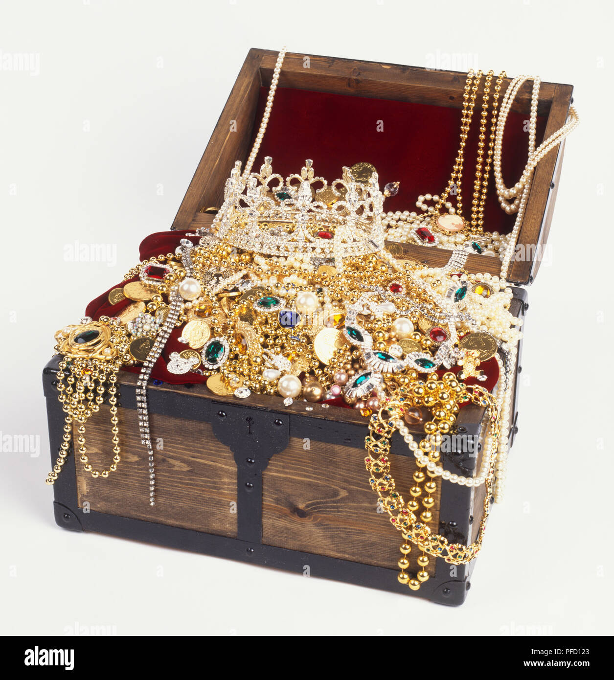 Open treasure chest overflowing with jewellery, elevated view Stock Photo -  Alamy