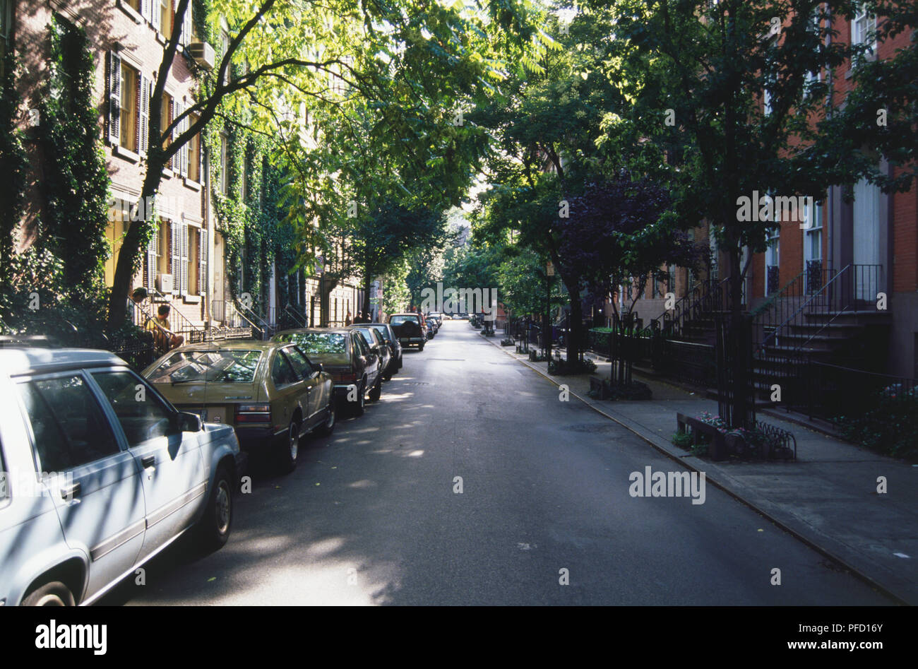 USA, New York, Manhattan, Greenwich Village, tree-lined street with cars parked on one side. Stock Photo