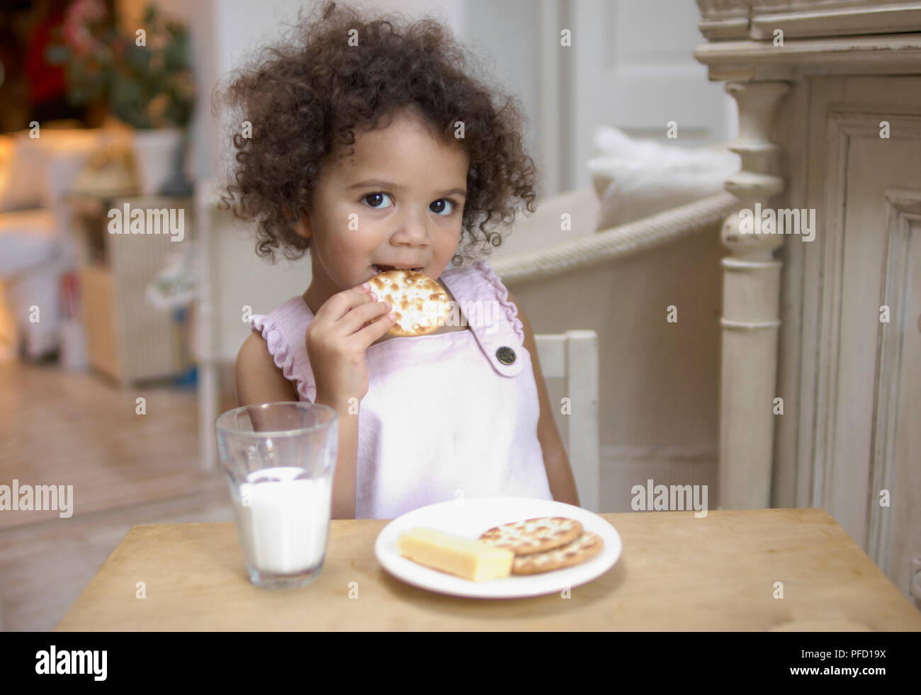 Girl eating biscuit, plate of cheese, biscuits and glass of milk on