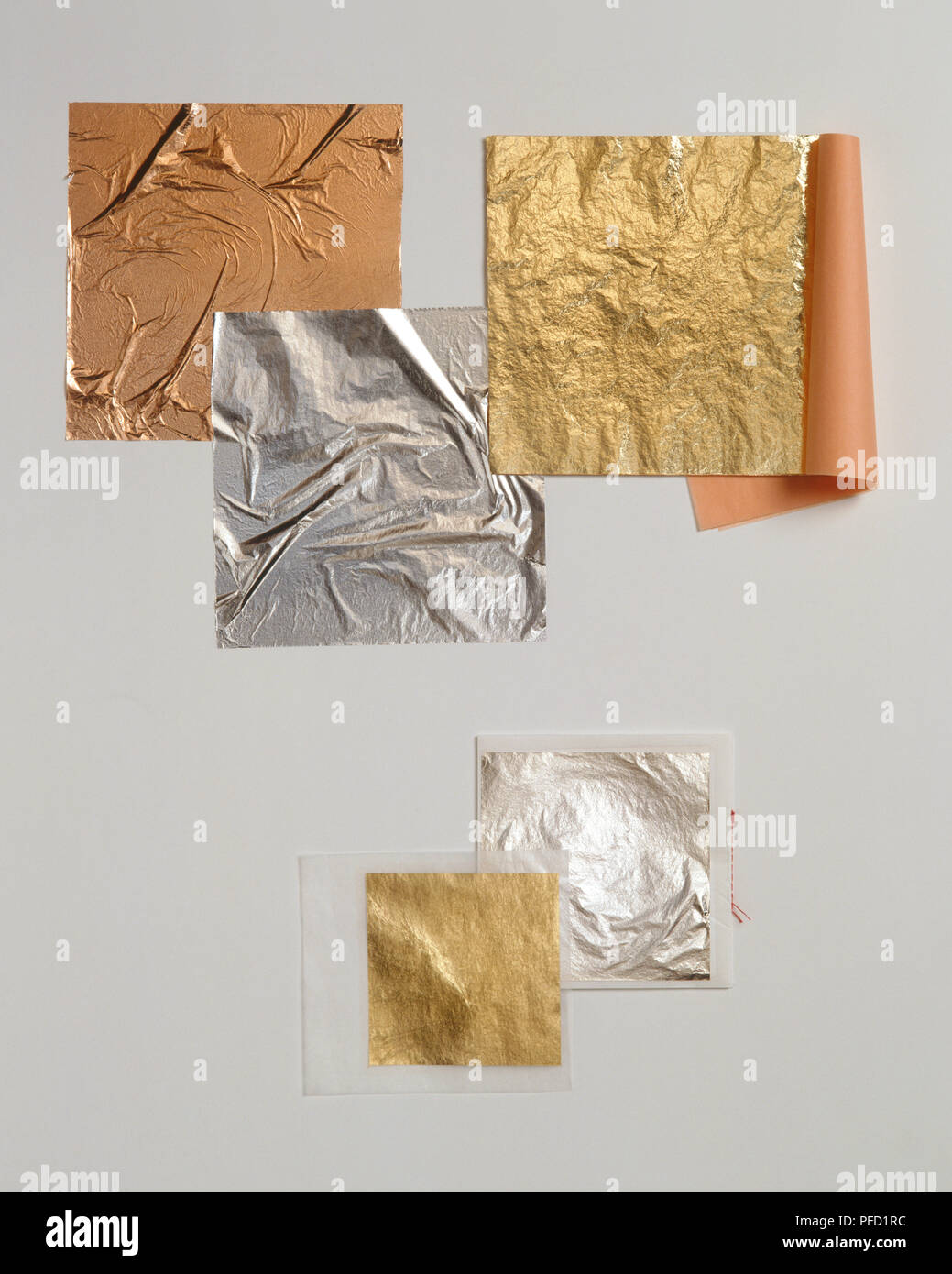 Artificial silver, copper and gold Dutch metal leaf used in gilding
