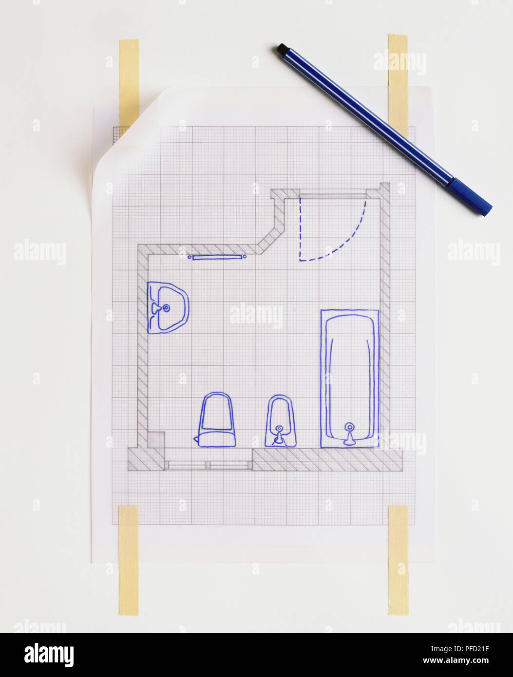 Bathroom plan plotted on graph paper and a blue pen Stock Photo Alamy