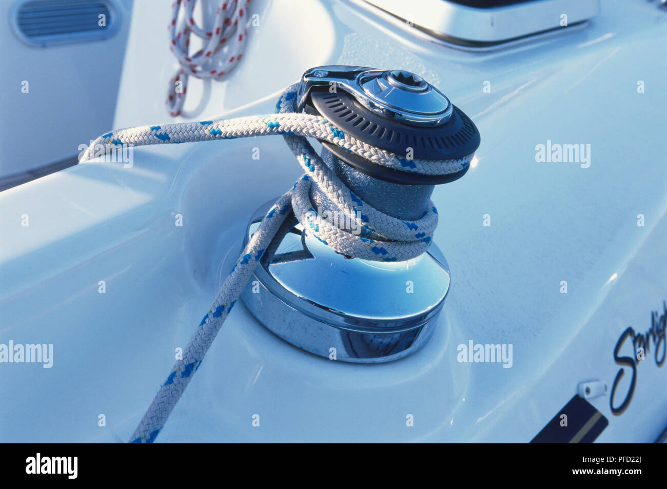 Sheet winch on sailing boat, close up. Stock Photo