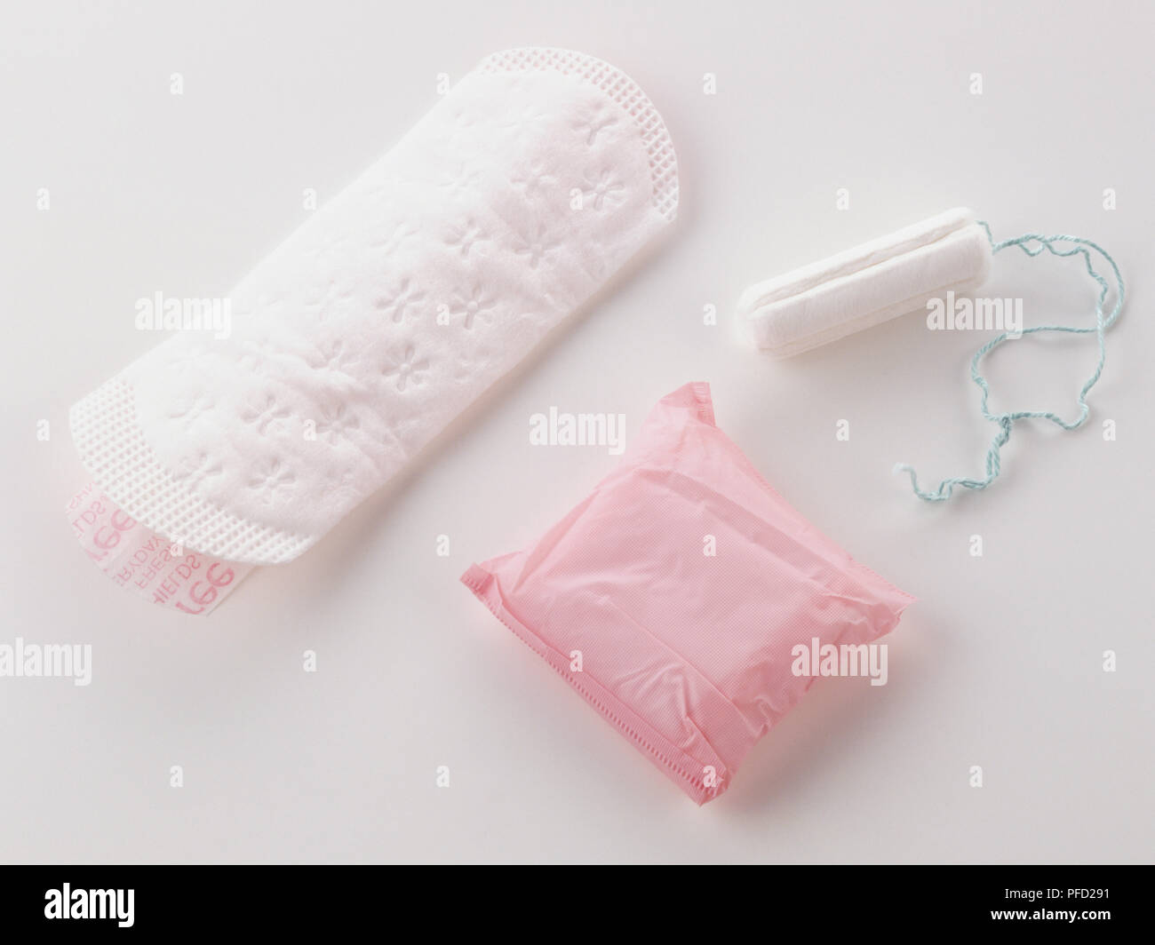 Pantyliner, packed sanitary pad and tampon, close up. Stock Photo