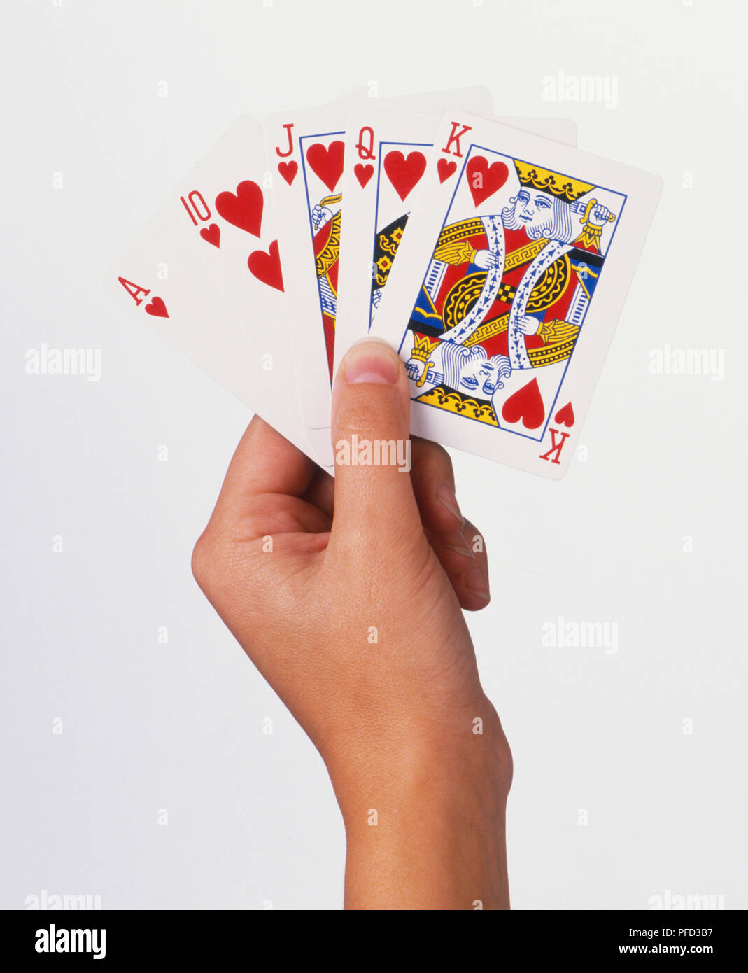 Hand holding five cards. Stock Photo