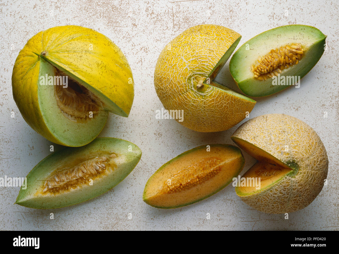 Cucumis melo, three varieties of Melon, Honeydew, Galia and Cantaloupe