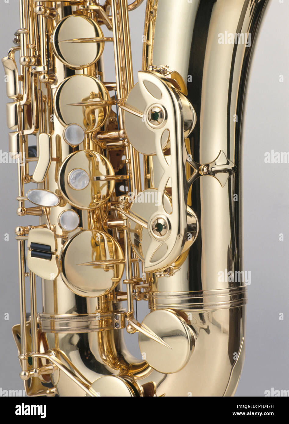 Tenor saxophone, keyguard, closeup Stock Photo Alamy
