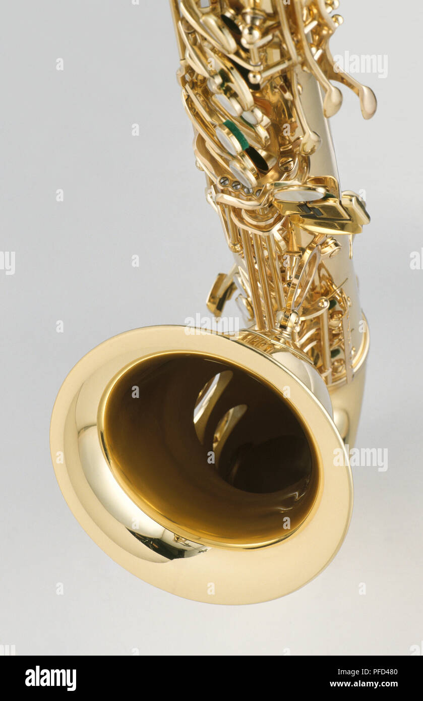 Tenor saxophone, closeup, low section Stock Photo Alamy