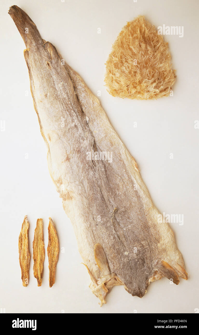 Dried fish, Bombay Duck or Bombil, Bacalao, Shark's Fin, close up Stock