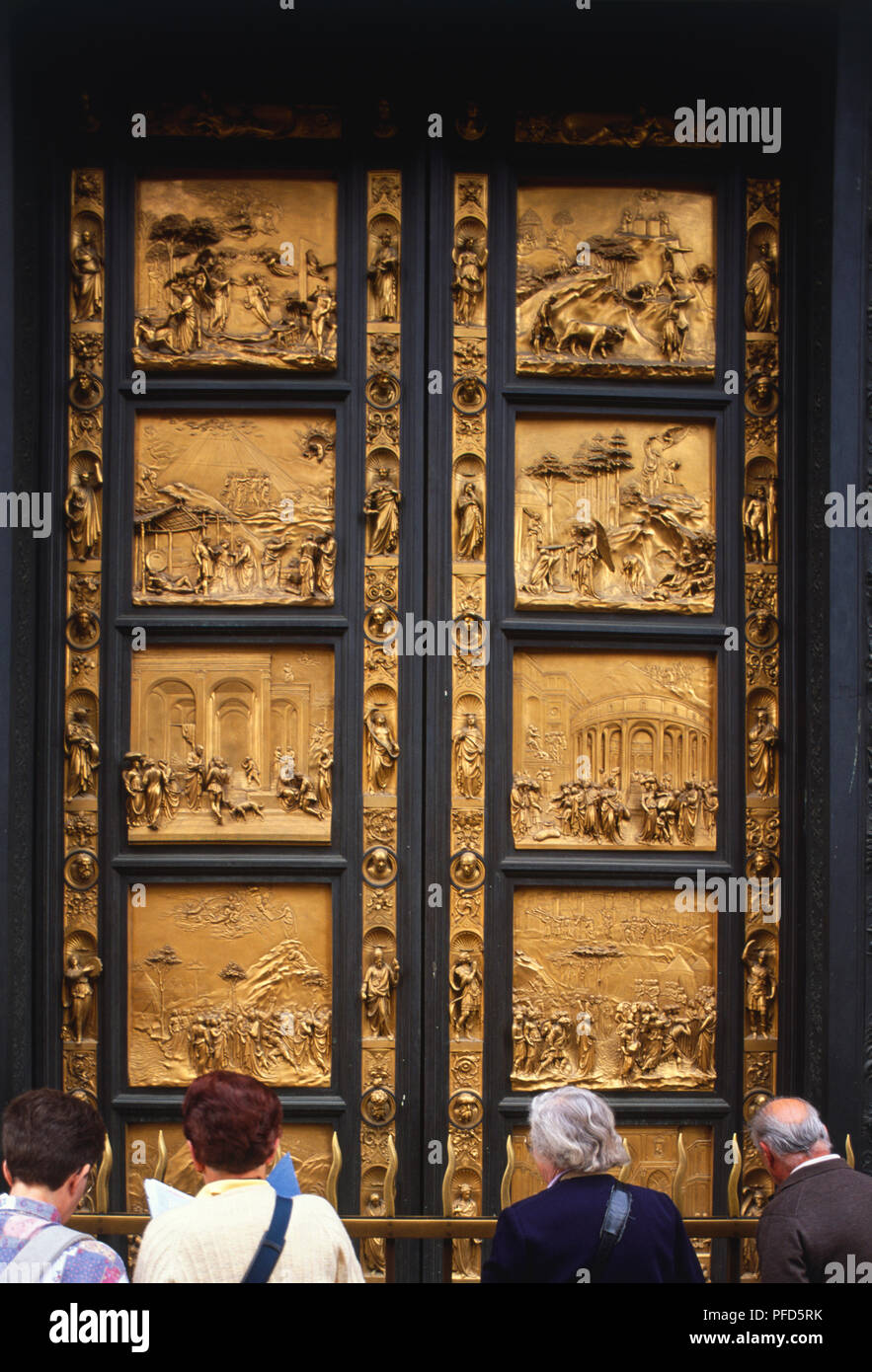 Italy, Florence, Gate of Paradise, golden east doors of Duono baptistry, depicting ten Biblical scenes. Stock Photo