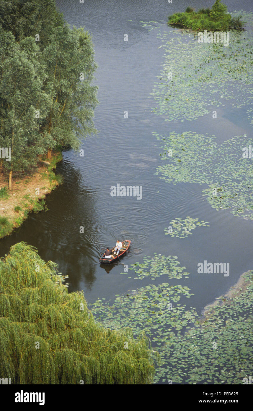France, Picardy, overhead view of boat on the river Somme. Stock Photo