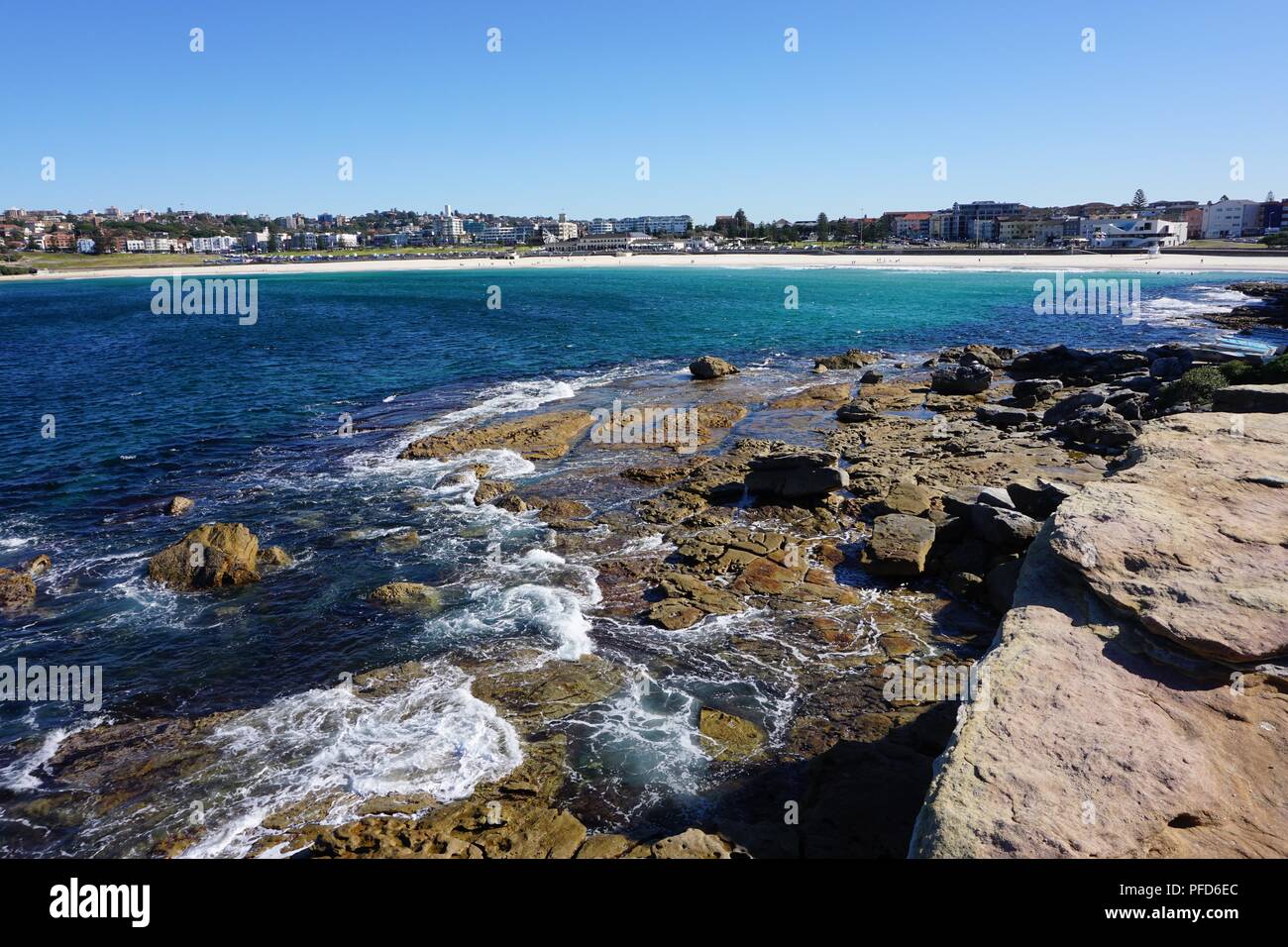 View from a Rocky Shore towards Bondi Beach, Australia Stock Photo
