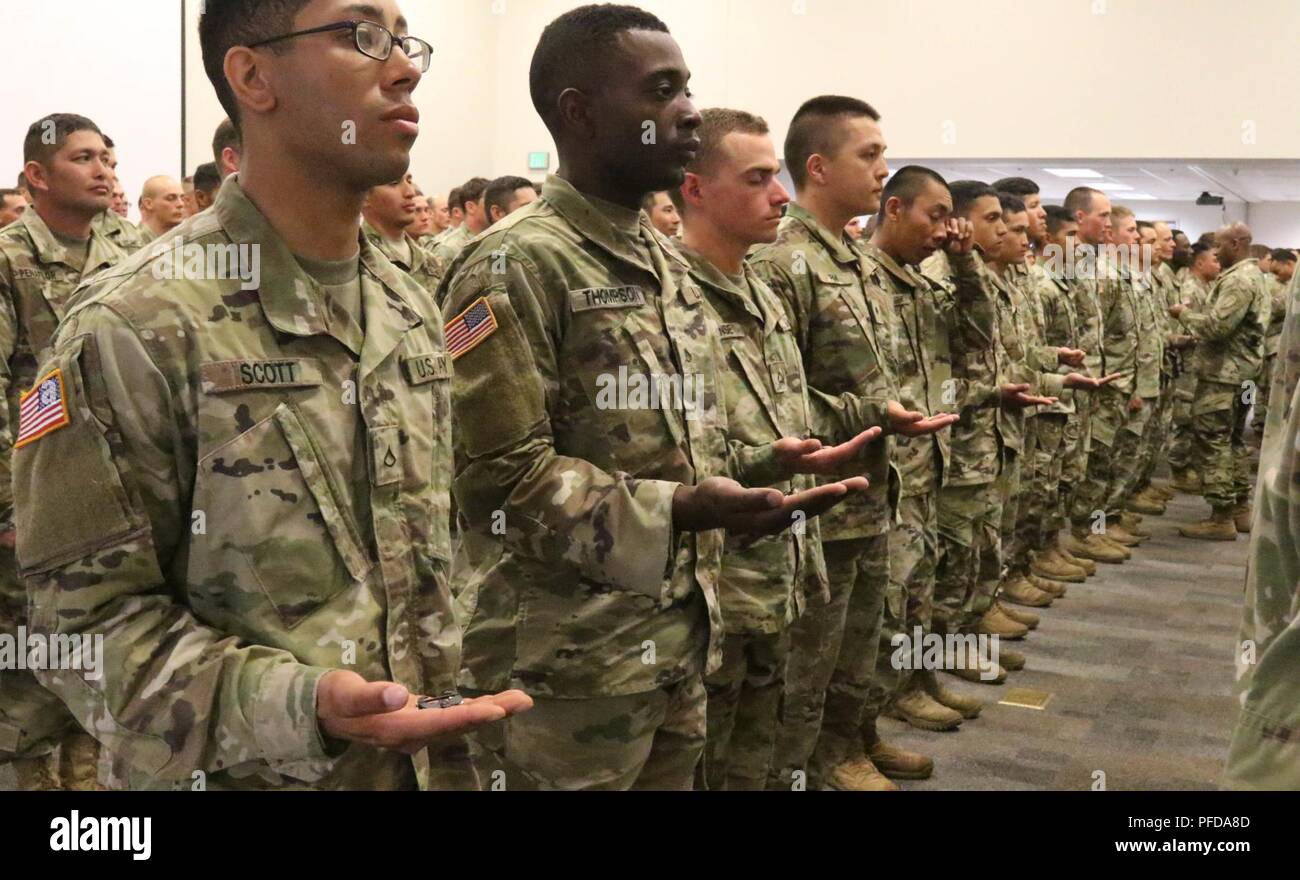 Soldiers and Airmen hold out Air Assault Badges, ready for pinning, at their graduation from Air Assault school held at Camp Rilea in Warrenton, Oregon, June 6, 2018. The Soldiers and Airmen carried the badges with them during a 12-mile timed ruck march prior to graduation as an incentive to finish. The students trained physically and mentally to achieve the opportunity to earn their Air Assault Badge. ( Stock Photo