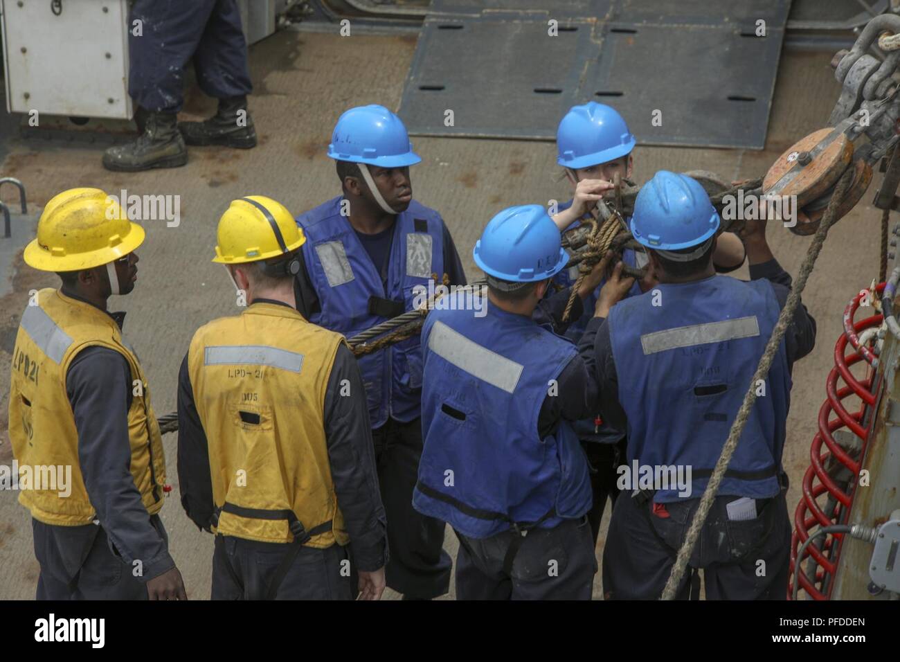 MEDITERRANEAN SEA (June 1, 2018) Sailors connect a cargo transfer ...