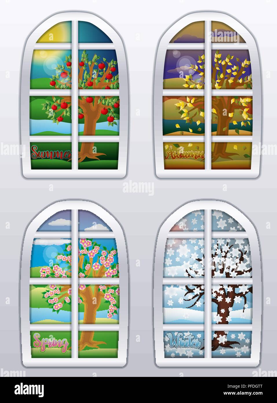 Four seasons window background, vector illustration Stock Vector Image