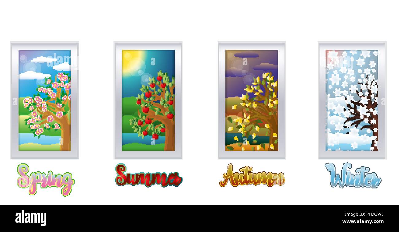 Four seasons window background, vector illustration Stock Vector Image