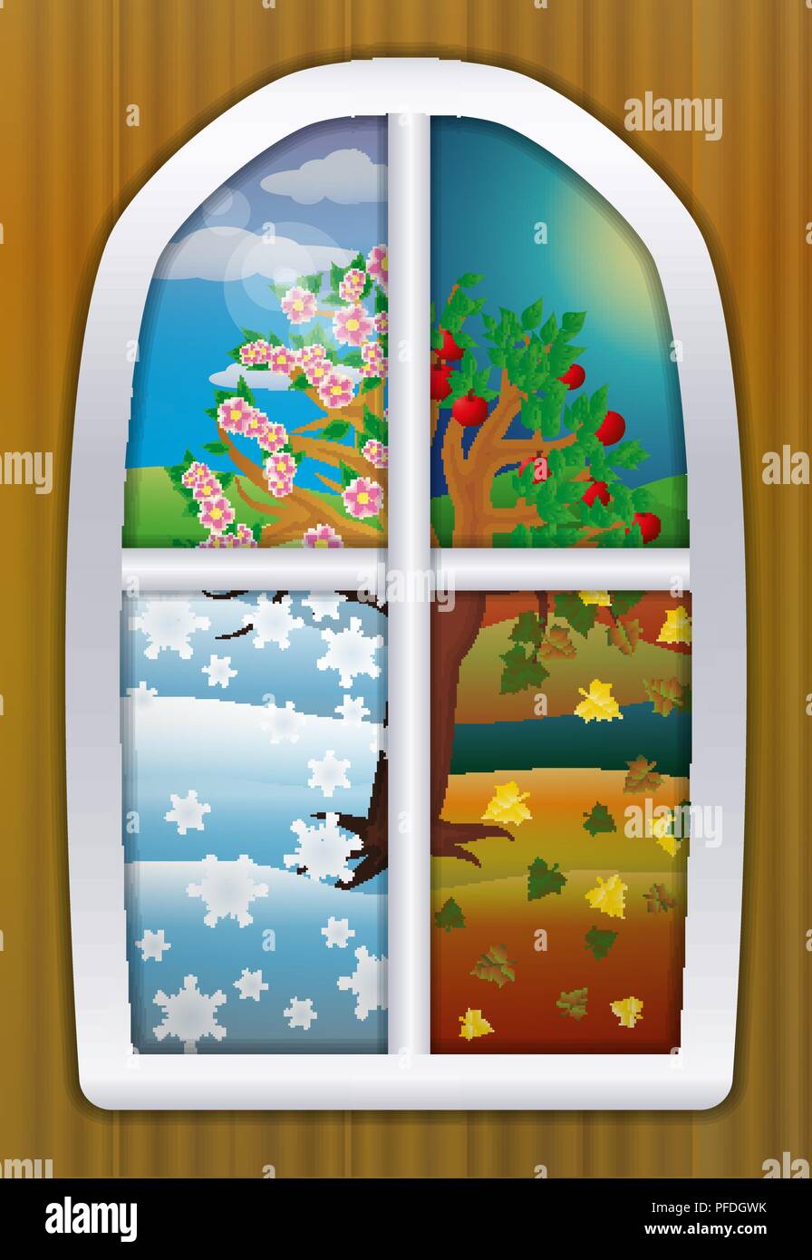 Four seasons window background, vector illustration Stock Vector Image