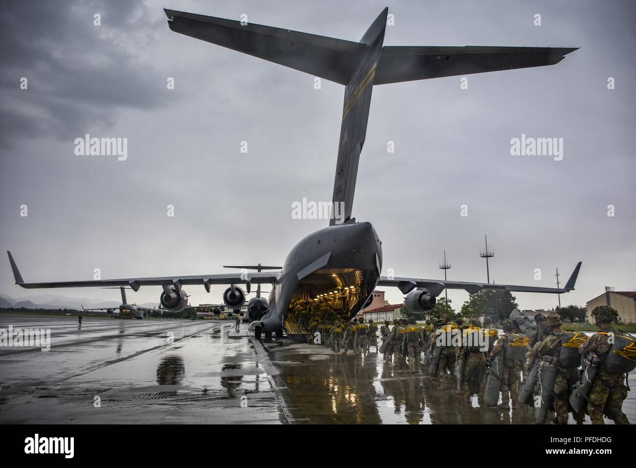 The tail of the US Air Force C-17 Globemaster reaches to the