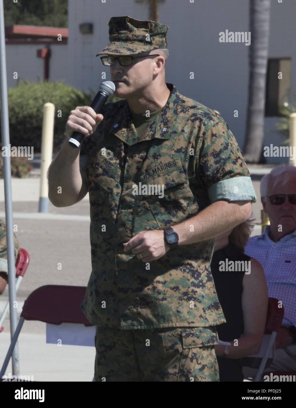 Lt. Col. Brian C. Pate, commanding officer of Marine Wing Communications Squadron (MWCS) 48 speaks to Marines and guests during his change of command ceremony at Marine Corps Air Station Miramar, Calif., June 13. Pate assumed command of MWCS-48 from Lt. Col. Michael E. Sheridan, who received a Meritorious Service Medal for his time with MWCS-48. Stock Photo