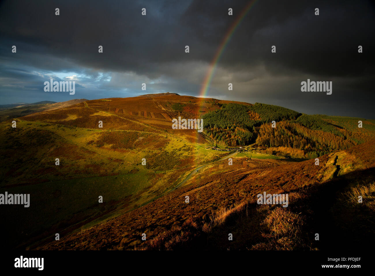 Rainbow over Moel Famau in the Clwydian Range, North Wales Stock Photo