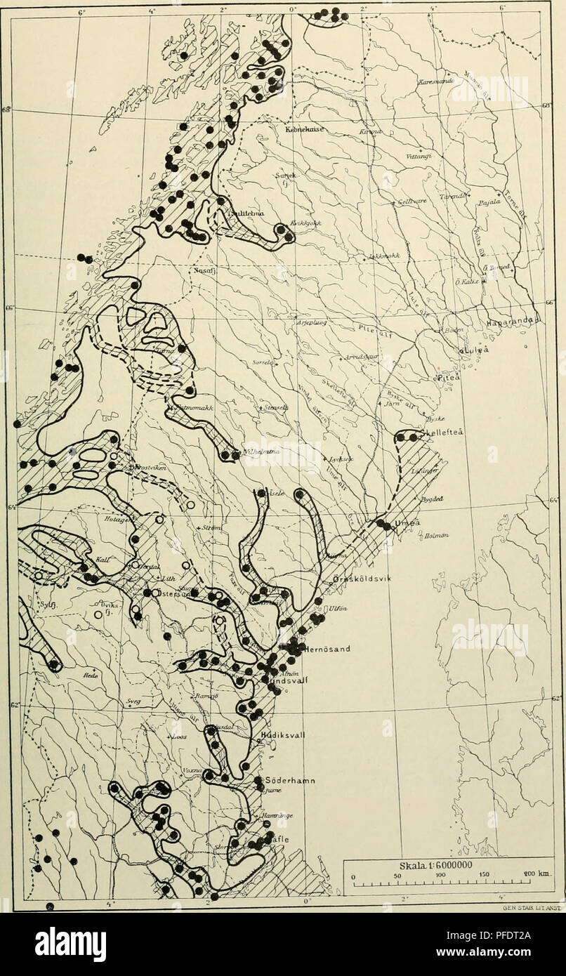 . Den norrländska florans : geografiska fördelning och invandringshistoria ; med särskild hänsyn till dess sydskandinaviskar arter. Plants; Plants. KARTOR OCH STà NDORTER 349 Kartan 14. Circaea alpina.. I Norge uppgitves arten vara allm. genom hela landet upp till finska gränsen.. Please note that these images are extracted from scanned page images that may have been digitally enhanced for readability - coloration and appearance of these illustrations may not perfectly resemble the original work.. Andersson, Gunnar, 1865-1928; Birger, Selim, 1879-1931. Uppsala : Almqvist & Wiksell Stock Photo