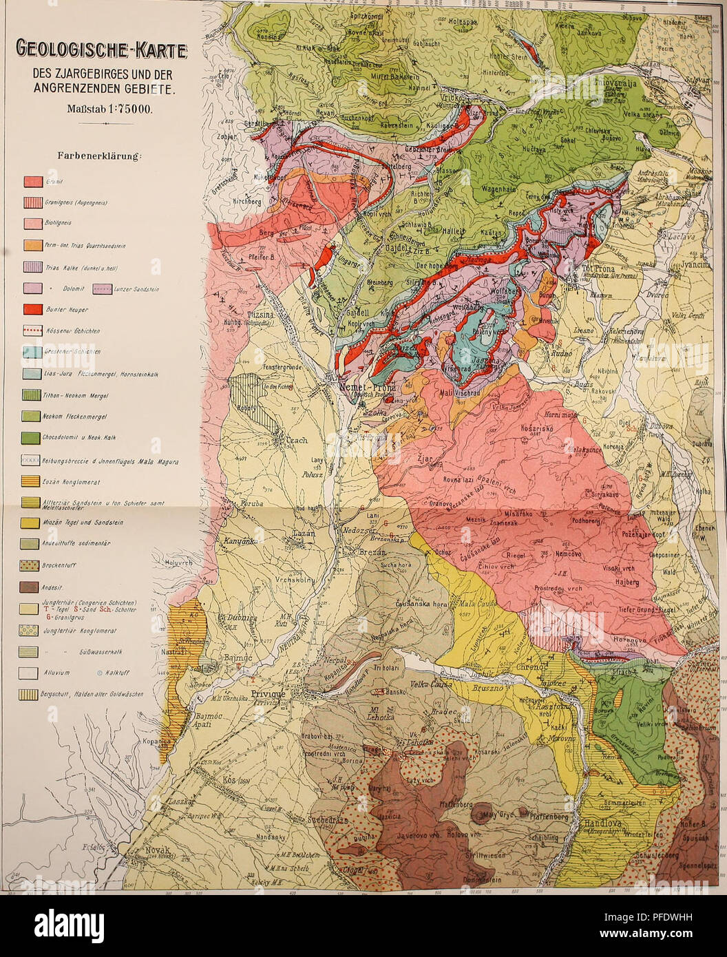 . Denkschriften - Österreichische Akademie der Wissenschaften. VetterS,H.= Geologie des Zjargellirge: uSCj DES ZJARGEBIRGES UND DER ANGRENZENDEN GEBIETE. Maßstab 1=75000. Farbenerklärung: H Granit [I Granitgneis (Augengne/s} j ßiotitgneis j Perm- t/nt. Trias Qusrittsandstein 1 l1!1';!! r&quot;*s Kalke (dunkel u.hell} J &quot; Dolomit [• ^-1 Lunzer Sandstein H dunler Heuper 1*****1 Kössener Schichtet) ] Grestener Schienten lTüas-Jura Flecken merg et, Hornstemkalk II Fi fhon - Neokom Mergel I titokom Fleckenmergel 1 Chocsdolomit u Neok. Kalk. breccie d Jnnenflügets Mala Magura  Eozän Konglo Stock Photo