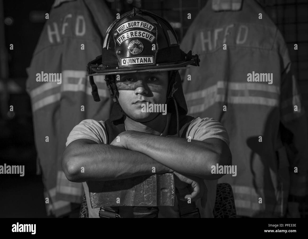 U.S. Air Force Senior Airman Nicholas Quintana is a firefighter with the 1st Special Operations Civil Engineer Squadron at Hurlburt Field, Fla. Air Force firefighters are specially trained to combat everything from brush fires to burning rocket fuel and hazardous-material fires -- responding on base and in the local community, when called for assistance. Stock Photo