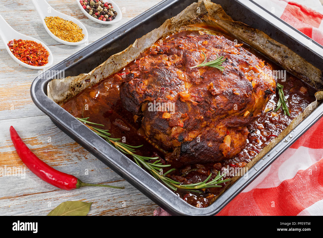 Big Piece of Slow Cooked OvenBarbecued meat shoulder in roasting dish